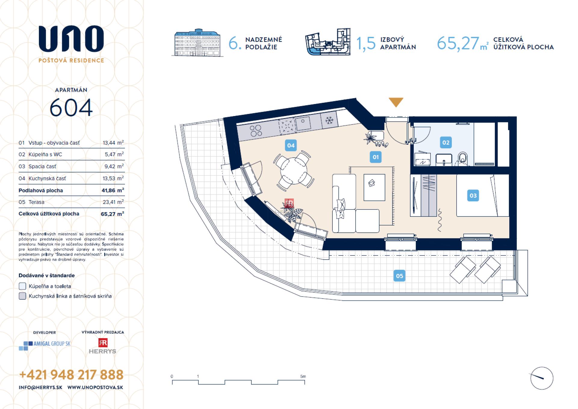 HERRYS – Na predaj 1,5-izbový apartmán na 6NP v centre Bratislavy v projekte UNO Poštová Residence