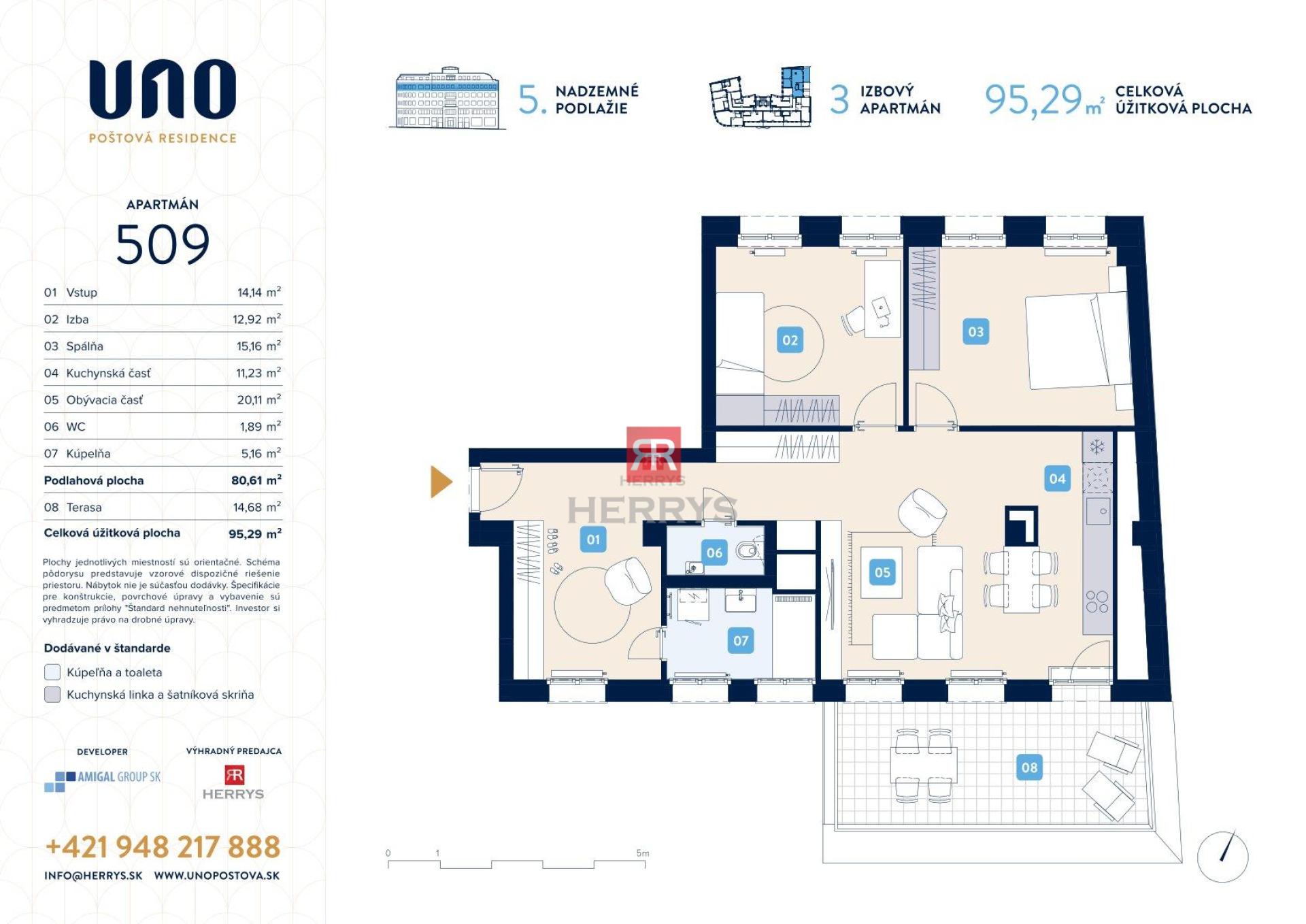 HERRYS – Na predaj 3-izbový apartmán v centre Bratislavy s terasou v projekte UNO Poštová Residence
