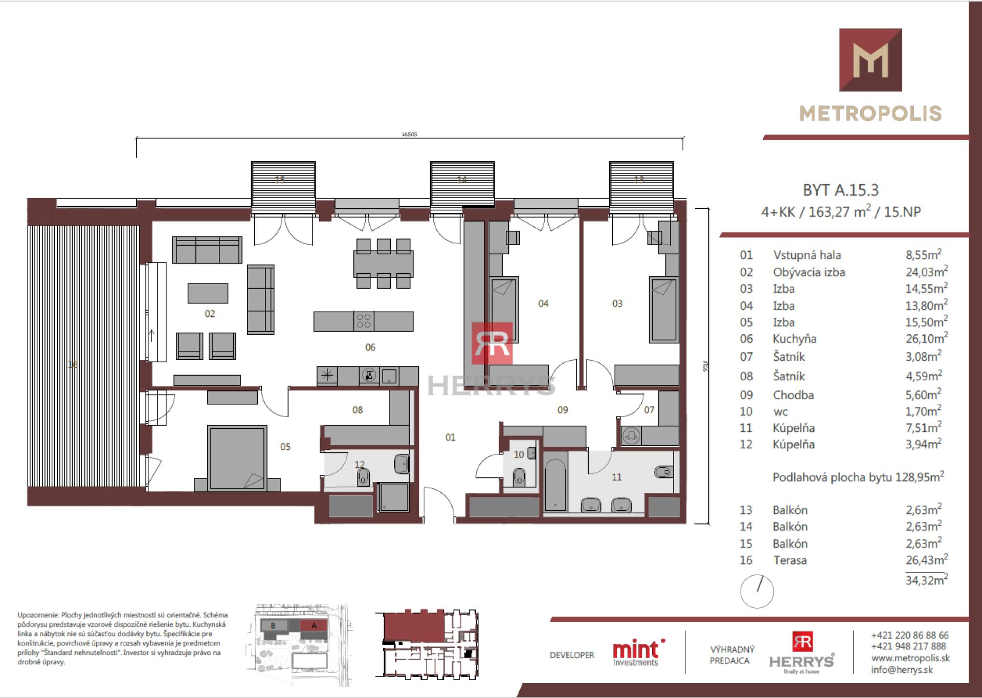 HERRYS - Na predaj prémiový 4-izbový byt s veľkou terasou a 3 balkónmi v projekte Metropolis