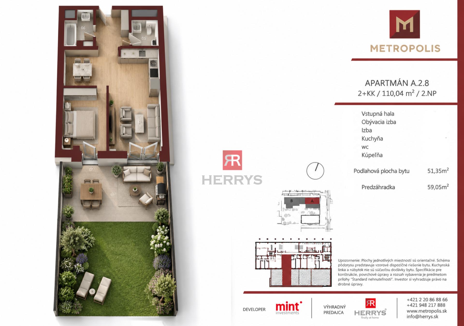 HERRYS – Na predaj jedinečný 2-izbový apartmán s predzáhradkou v prémiovom projekte Metropolis